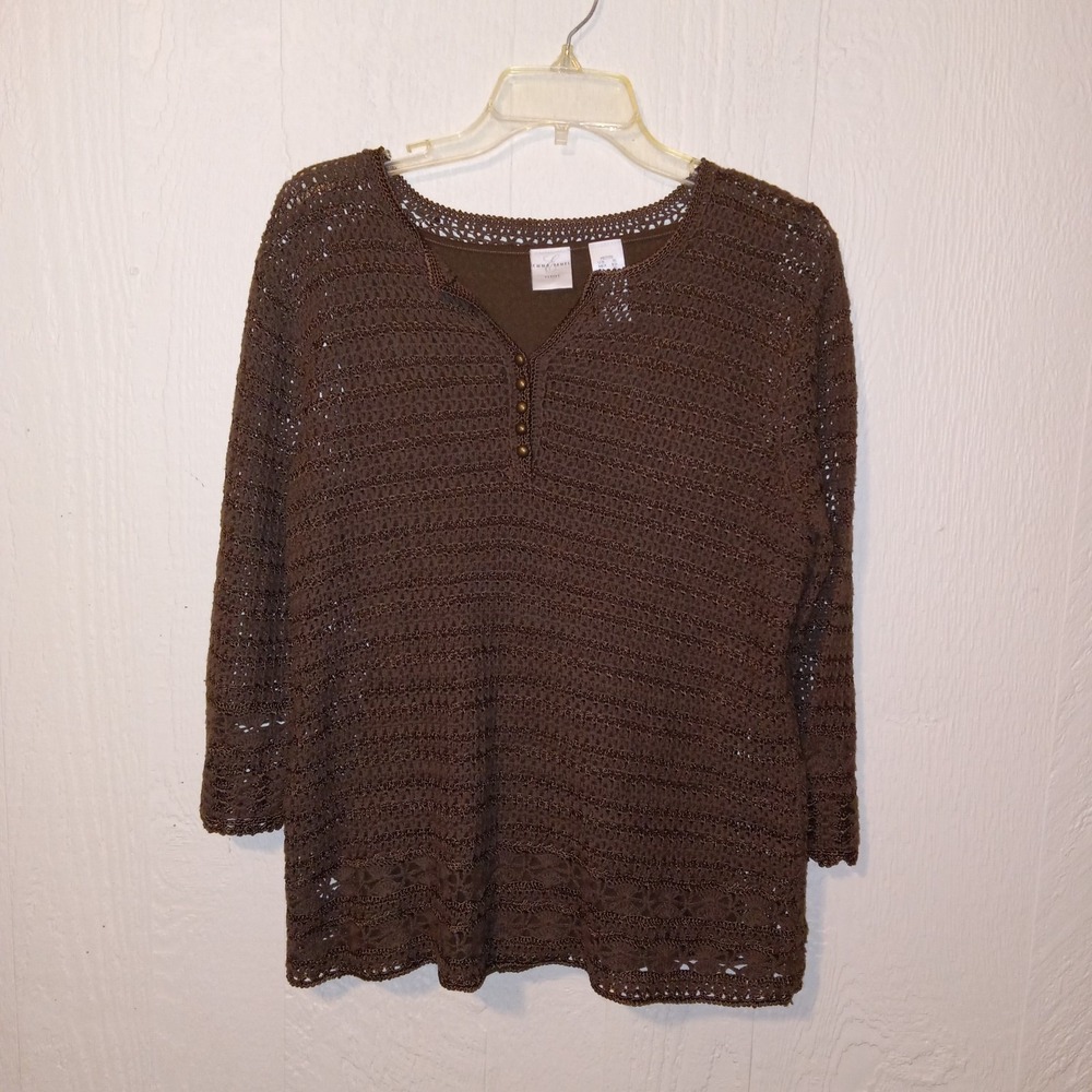 Emma James Crochet Knit Top Women XL Petite Brown Henley 3/4 Sleeve Lined Boho